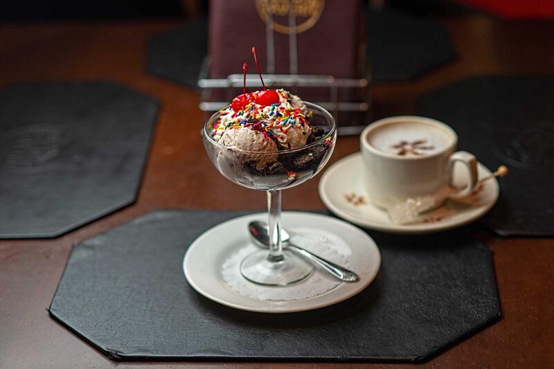 Ice cream sundae with side of espresso coffee